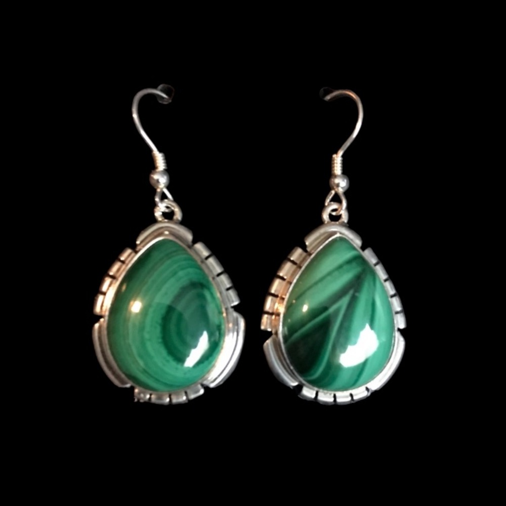 Sterling Silver Teardrop Green Malachite Earrings - Picture 3 of 9